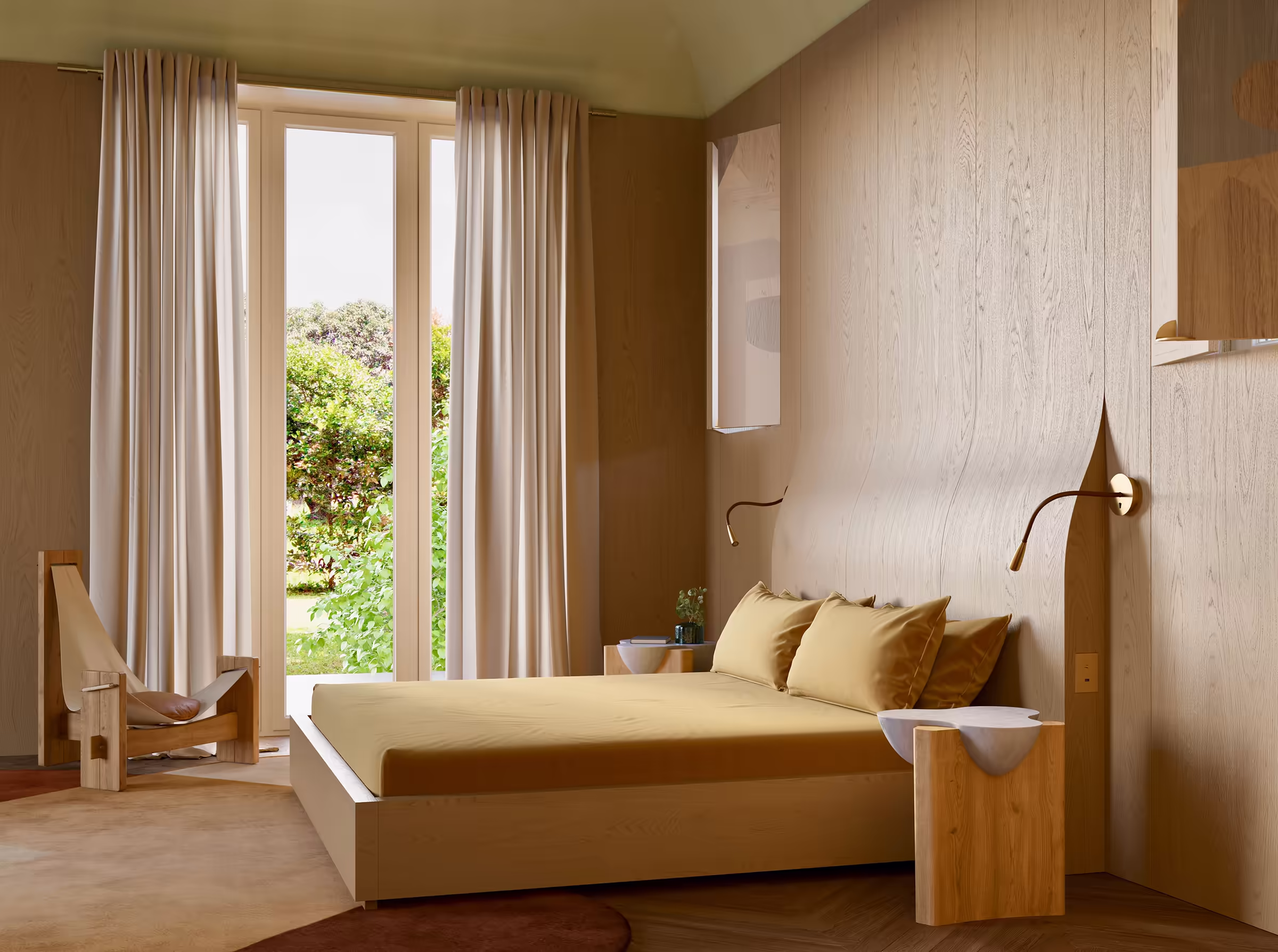 Warm-toned bedroom with curved wood paneling and a minimalist platform bed with mustard bedding. Custom wooden nightstands with ceramic basins and ajustable brass reading lights. Full-height window reveals a green garden view framed by soft curtains. Vintage three legged oak sling chair from 60s'-70s influenced byu Japanese design plrinciples and artisanal phylosophy. Small window shutters above the bed covered with marquetry made from various wood veneers. Tapis studio rug covers Listone Giordano Buiscuit wood floor.