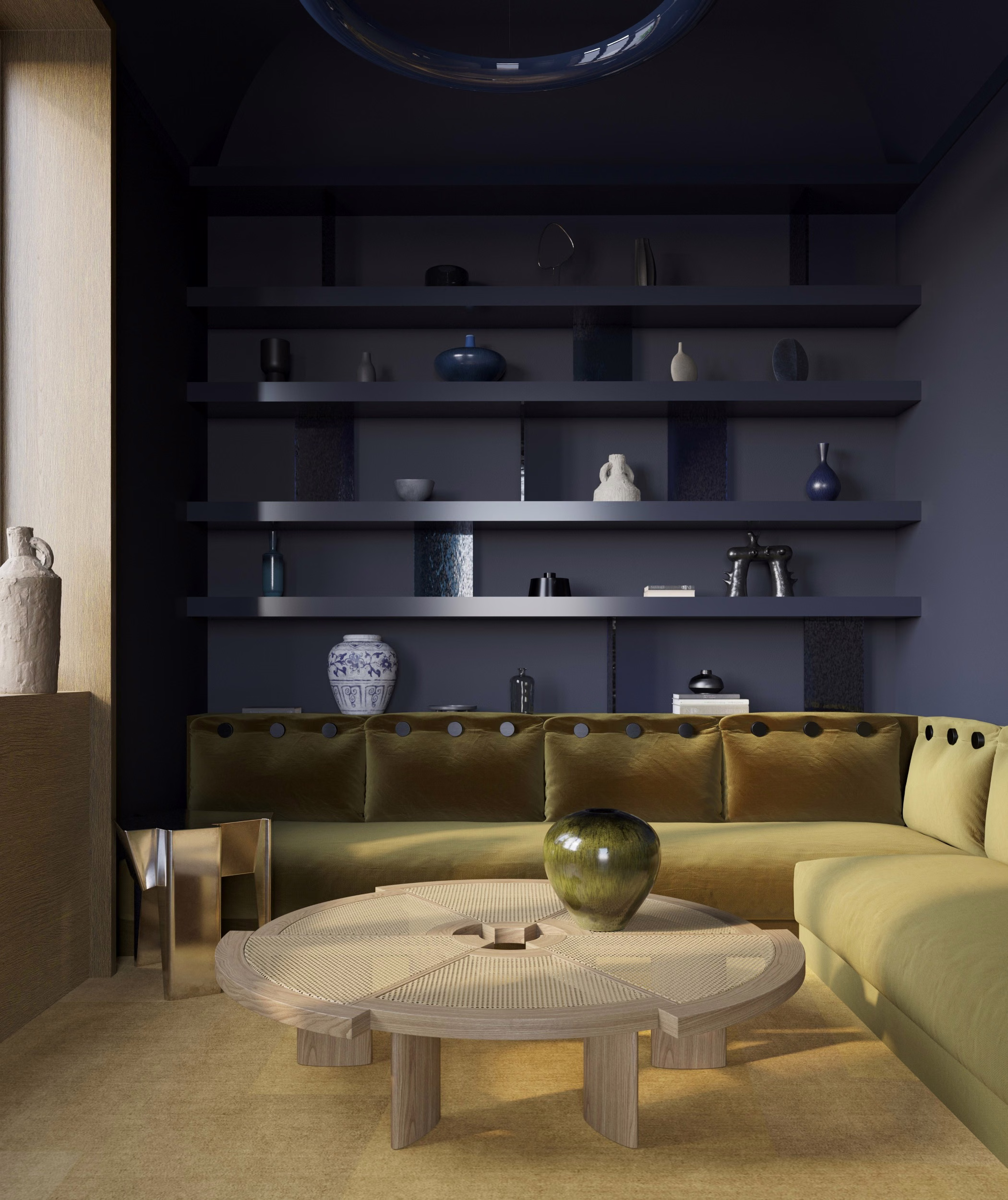 The interior concept is based on reinterpreting classic modernist elements, drawing from the work of French architects and designers such as Le Corbusier and Charlotte Perriand.