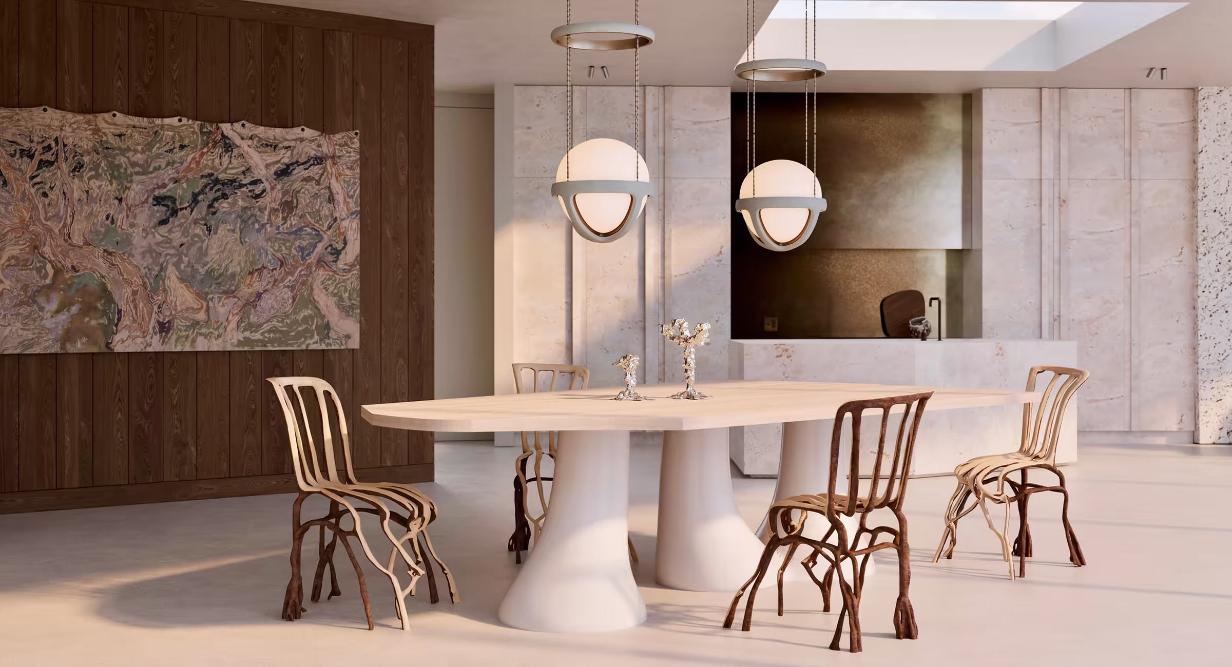 View of the dining room and kitchen, showing coral stone surfaces, custom furniture with organic forms, and integrated materials reflecting Florida’s landscape.