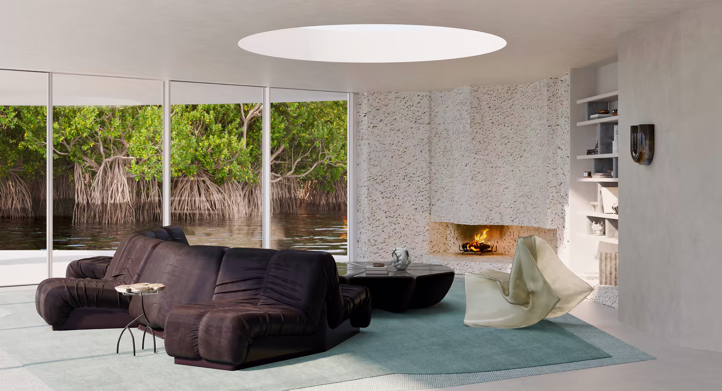 Living room with custom sectional Fen Sofa facing both fireplace and bay, oolite stone fireplace, and circular ceiling opening for natural light.