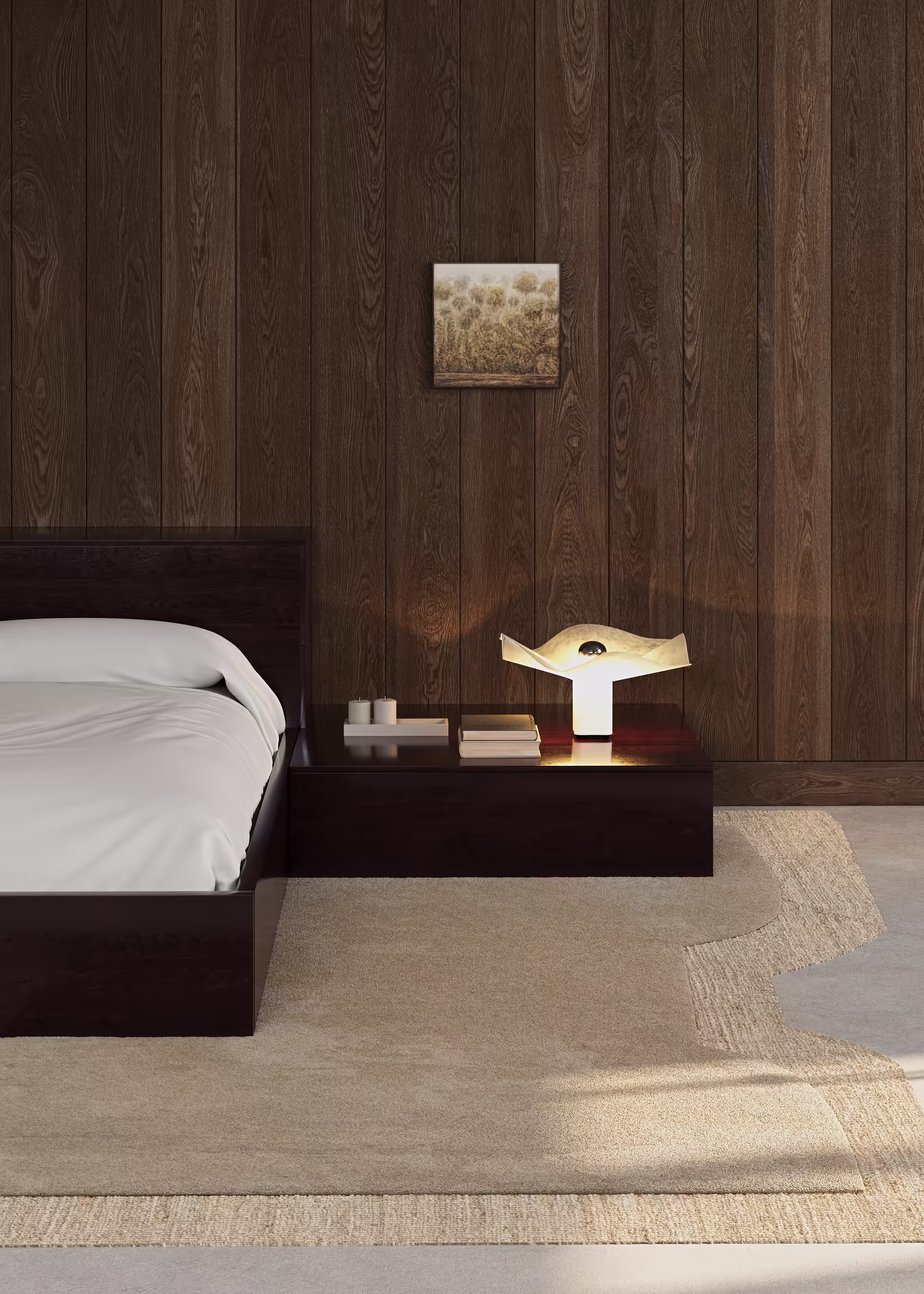 Bedroom with dark-stained wood-plank walls, low platform bed, sculpted paper lamp on a built-in nightstand.