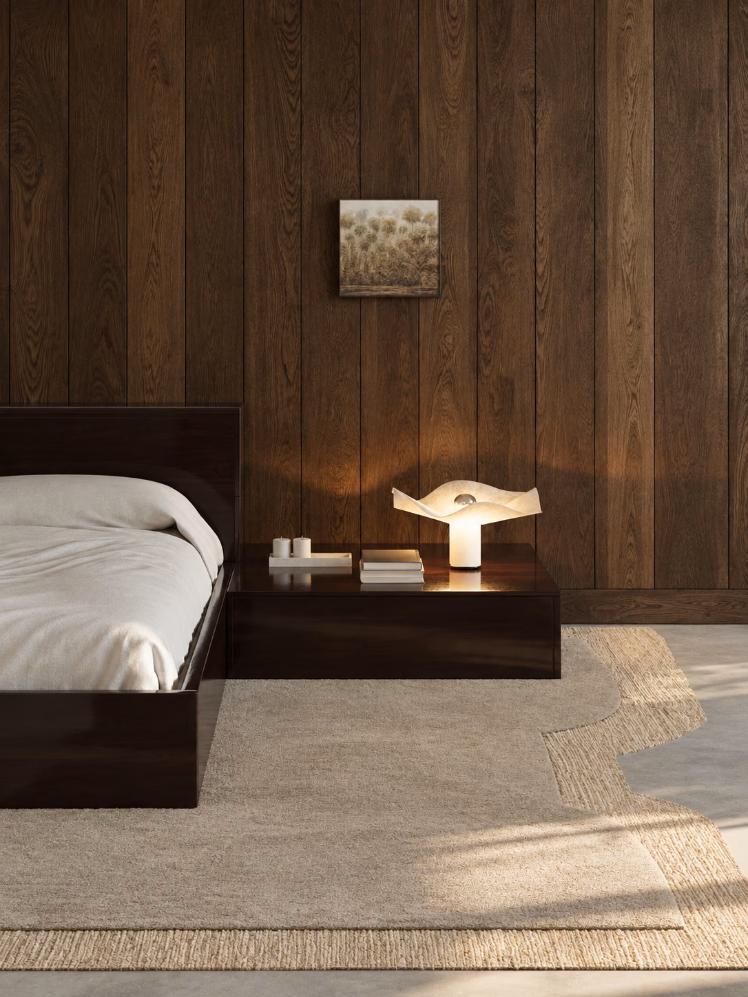 Bedroom with dark-stained wood-plank walls, low platform bed, sculpted paper lamp on a built-in nightstand.