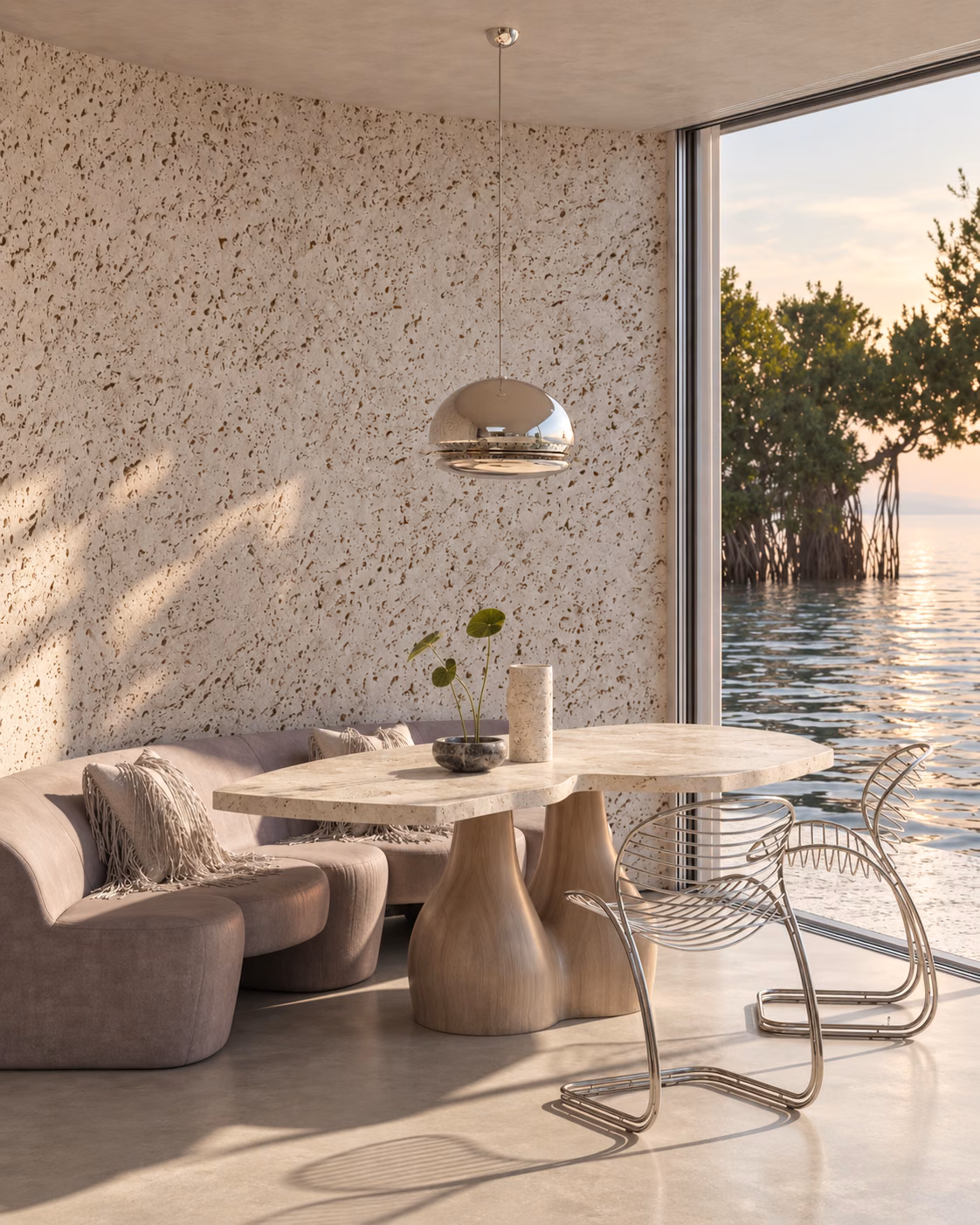 Dining nook with travertine table, pink upholstered banquette, and tubular-steel chairs facing mangroves through a corner window.