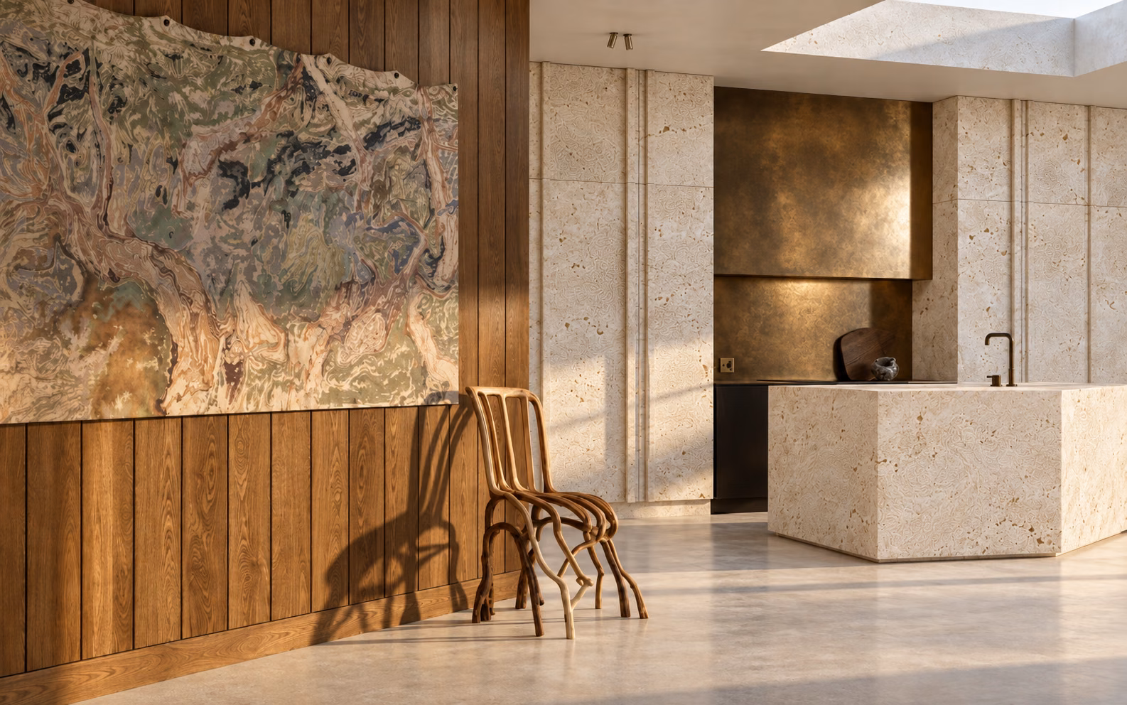 Kitchen interior with Florida Keystone surfaces, wooden paneling, and a single Fullgrown chair in the corner beneath abstract art.